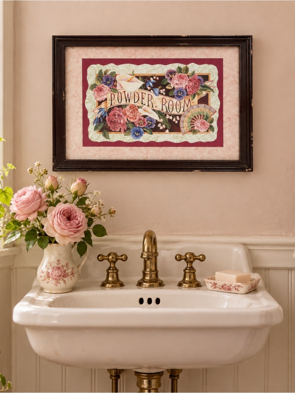 Home Interiors Powder Room Floral Framed Print 14x10 | Cottagecore Shabby Chic
